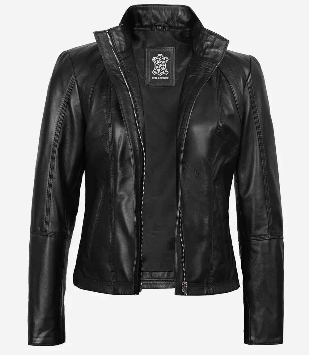 Women's Black Leather Cafe Racer Jacket