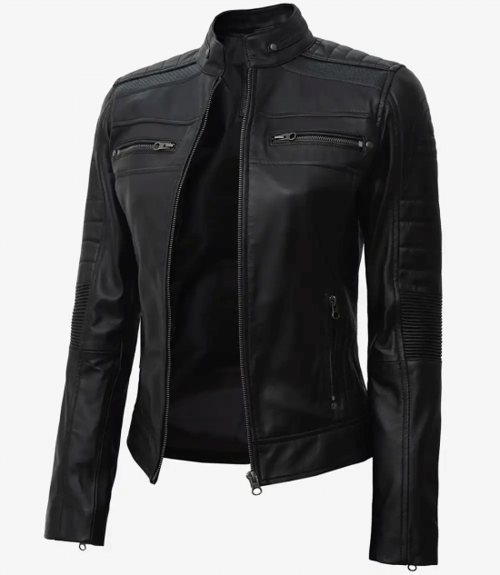Women's Black Cafe Racer Real Lambskin Leather Jacket