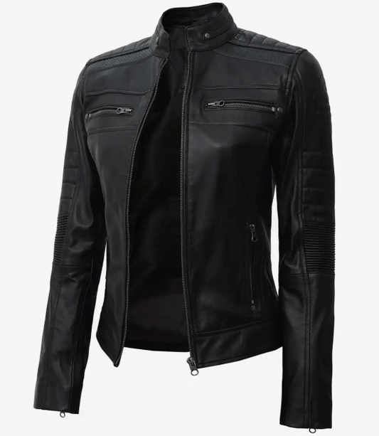 Women's Black Cafe Racer Real Lambskin Leather Jacket