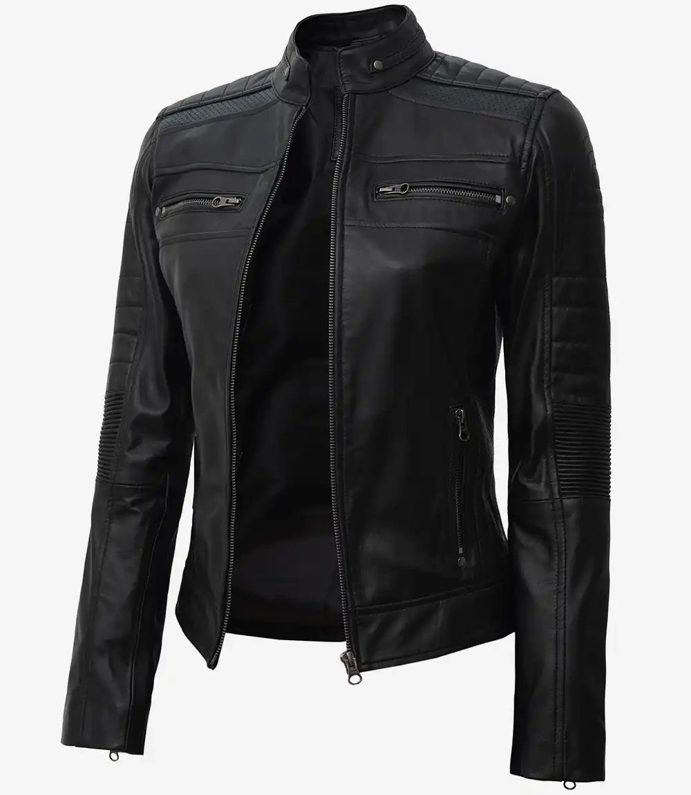 Women's Black Cafe Racer Real Lambskin Leather Jacket