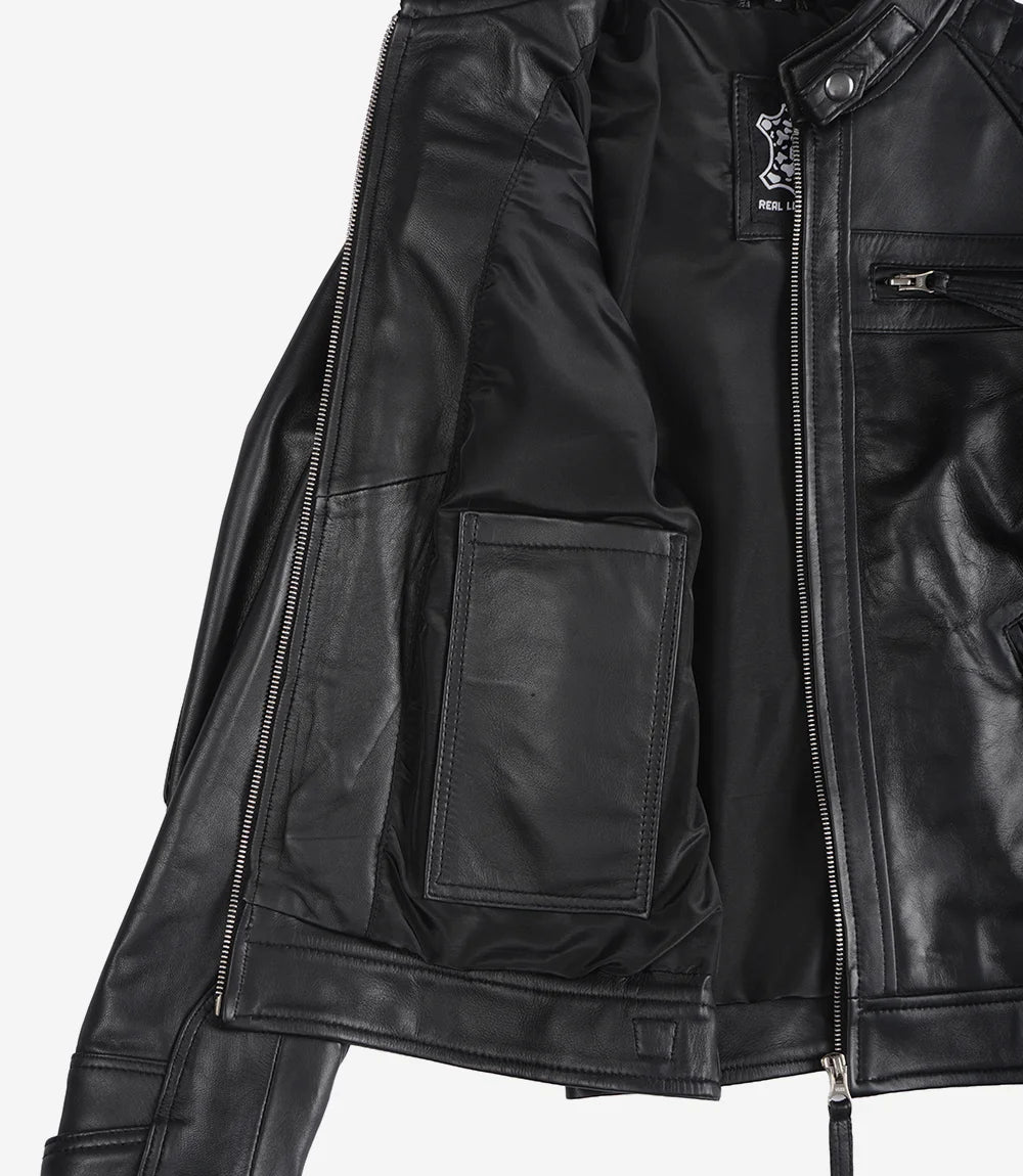 Women Black Quilted Cafe Racer Leather Jacket