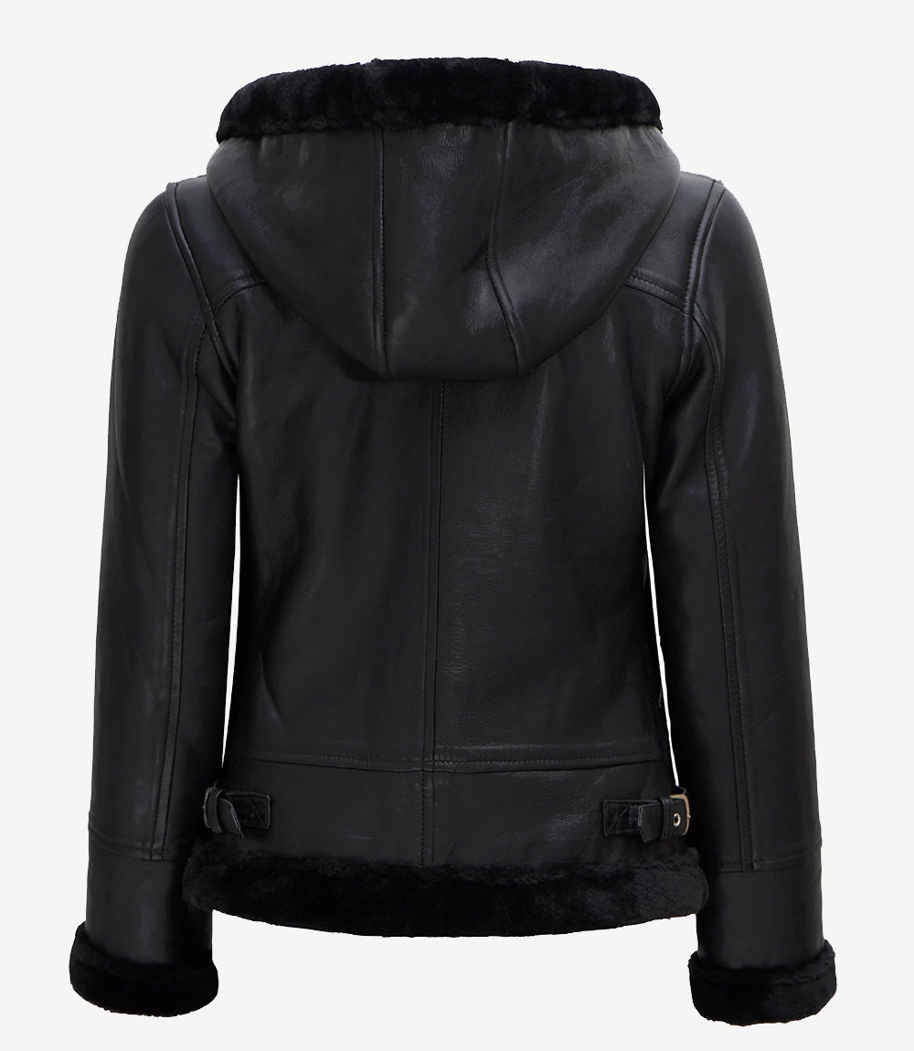 Women's Black Leather Jacket — With Black Faux Fur Hood