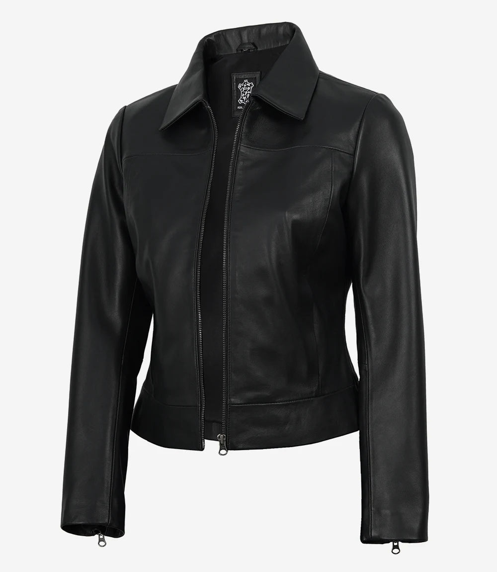 Women's Classic Black Harrington Real Leather Jacket