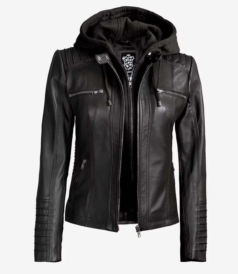 Women's Black Real Leather Jacket — Removable Hoodie
