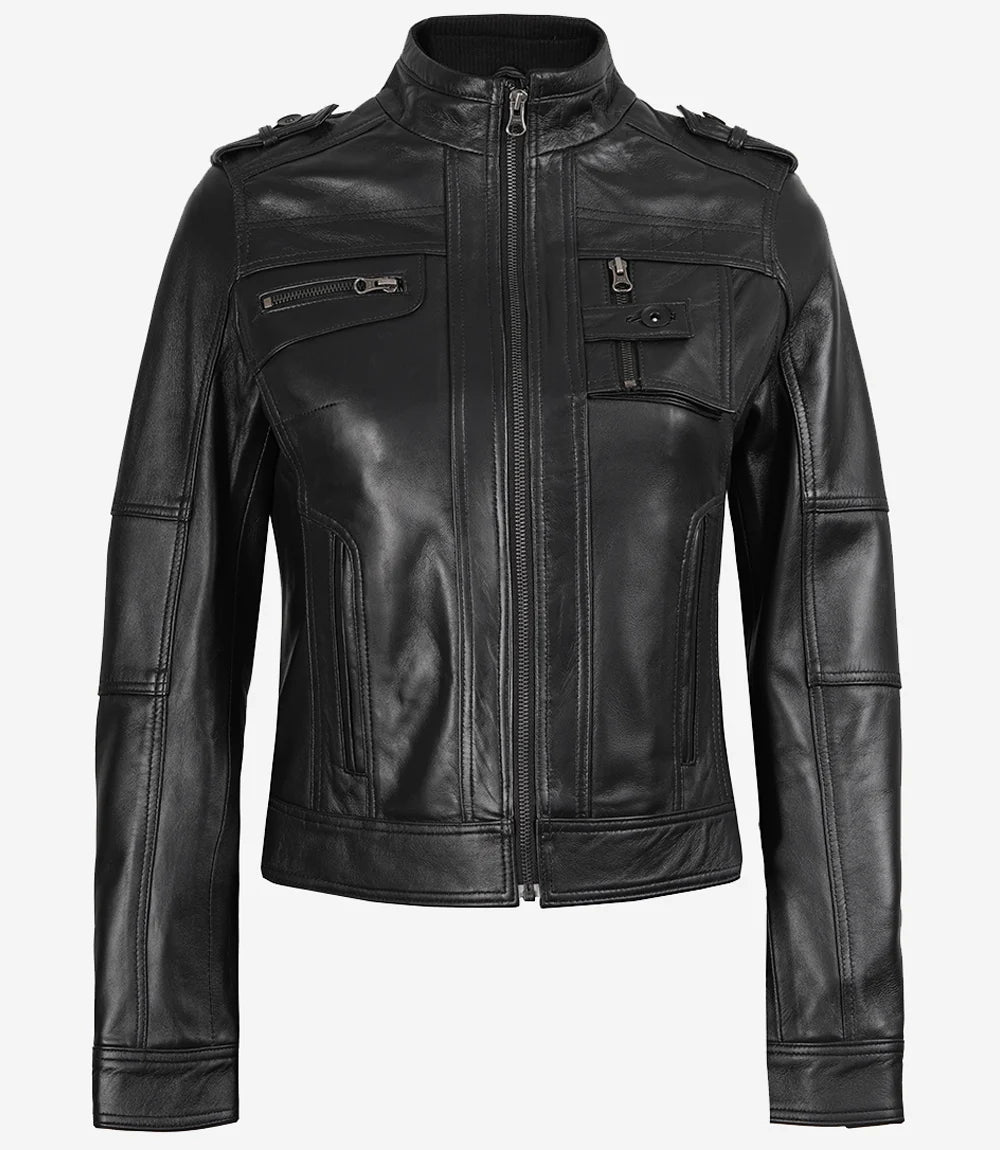 Women's Black Cafe Racer Leather Jacket with Epaulets