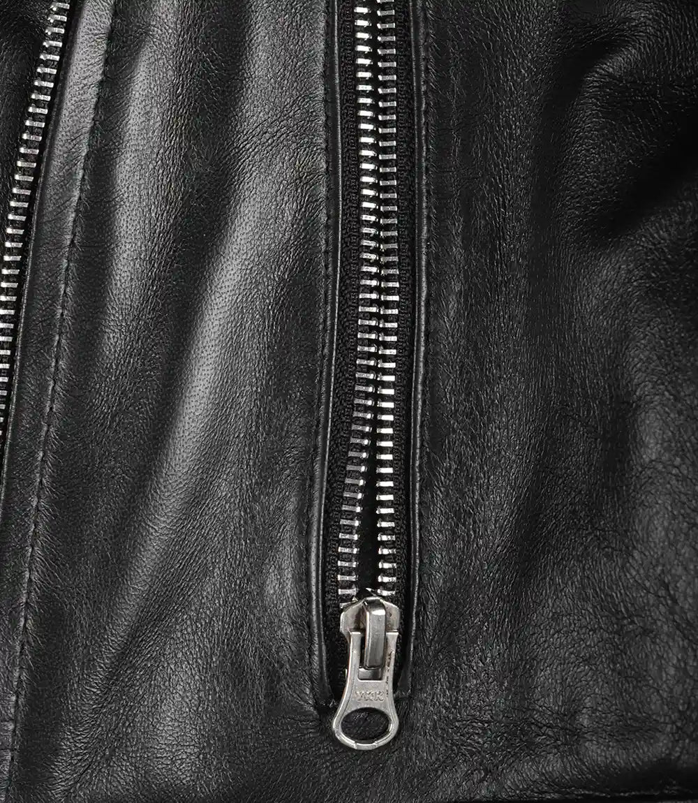 Women's Black Cropped Lambskin Leather Biker Jacket — Asymmetric Zip