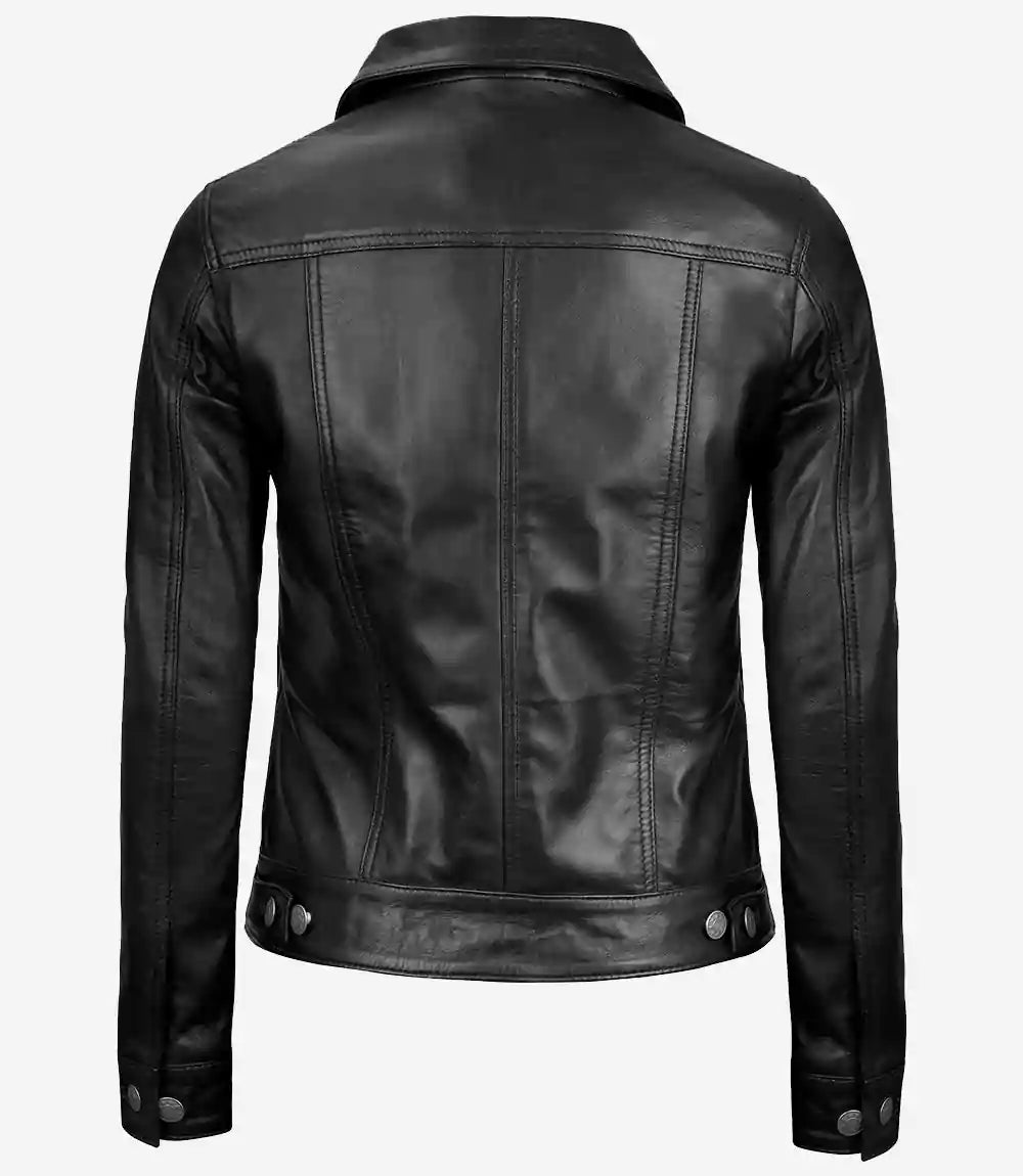Women Black Trucker Leather Jacket