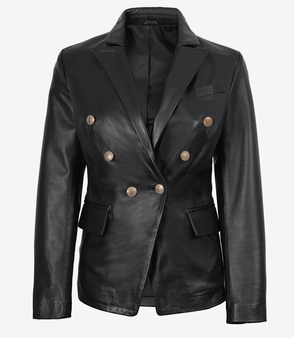 Women Black Double Breasted Leather Blazer