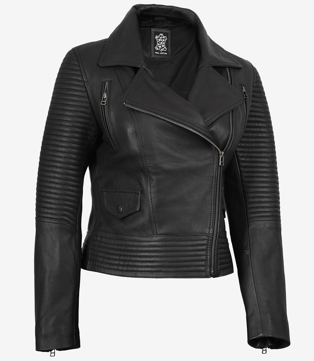 Women's Black Padded Style Leather Biker Jacket — Asymmetrical Zip