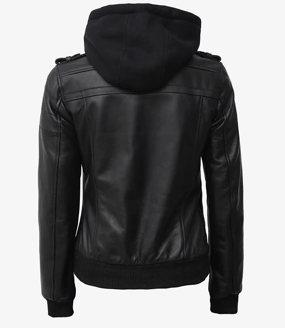 Women's Bomber Black Leather Jacket with Removable Hood