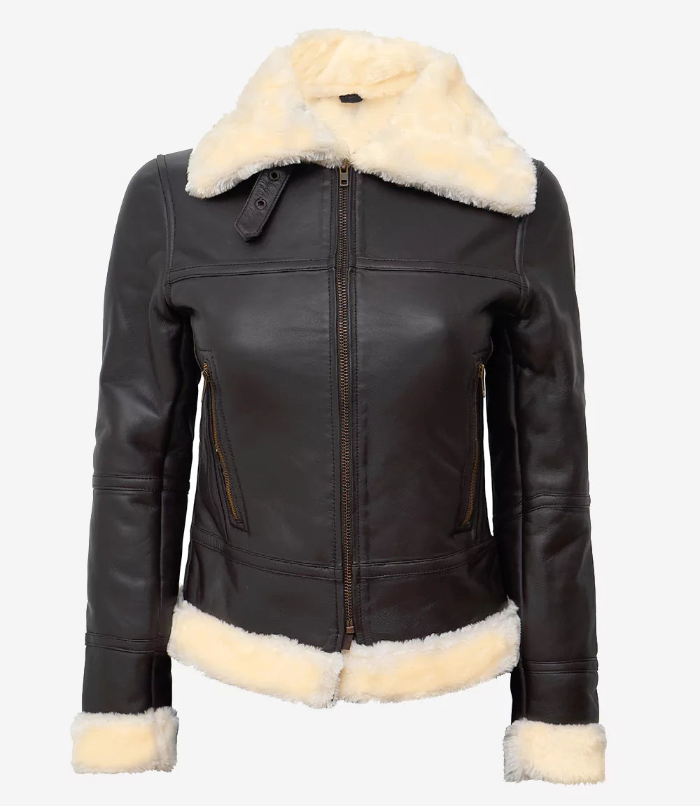 Women's Dark Brown Leather Bomber Jacket with Beige Faux Shearling.