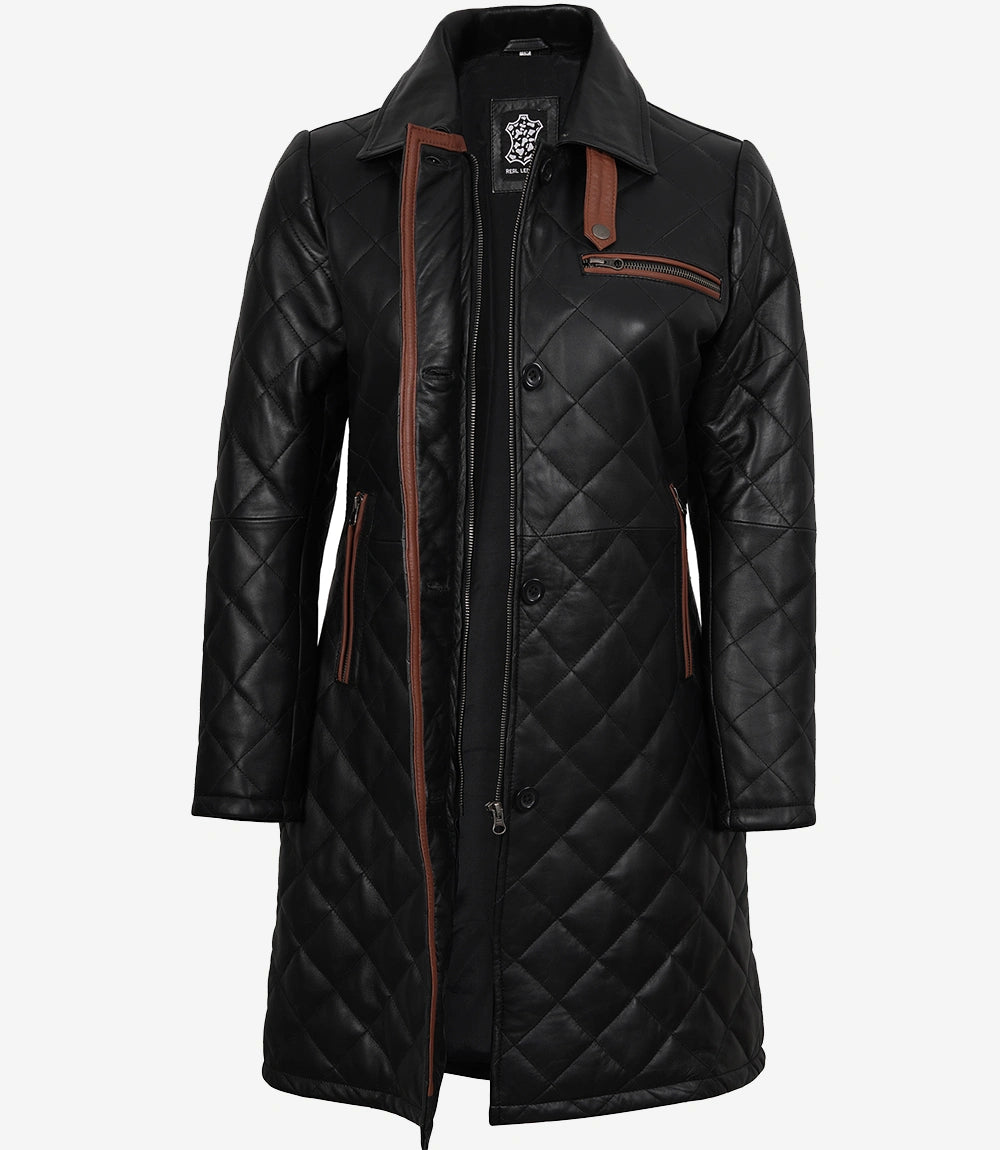 Women's Black Quilted Real Leather Car Coat