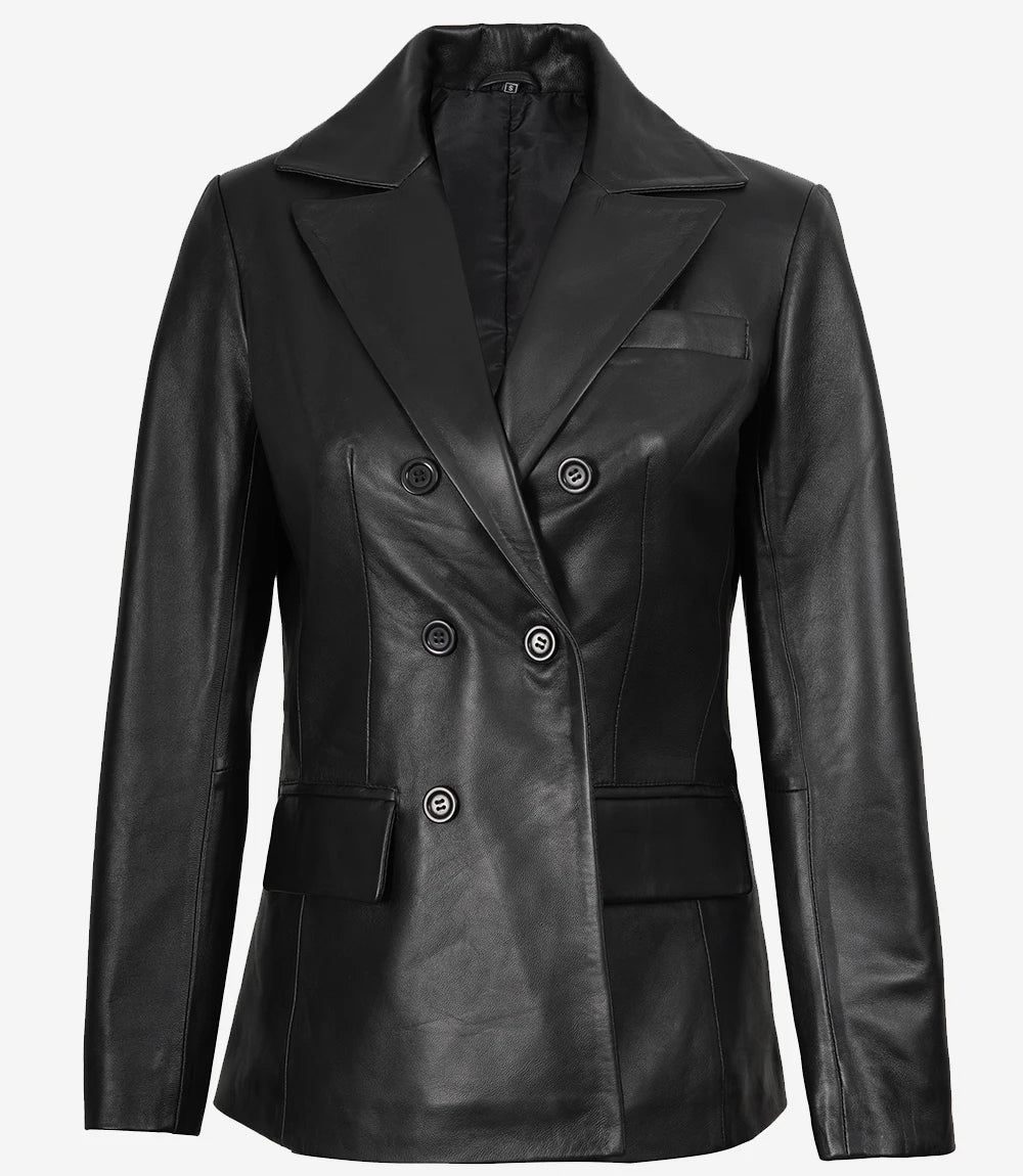Women Black Double Breasted Leather Blazer Jacket