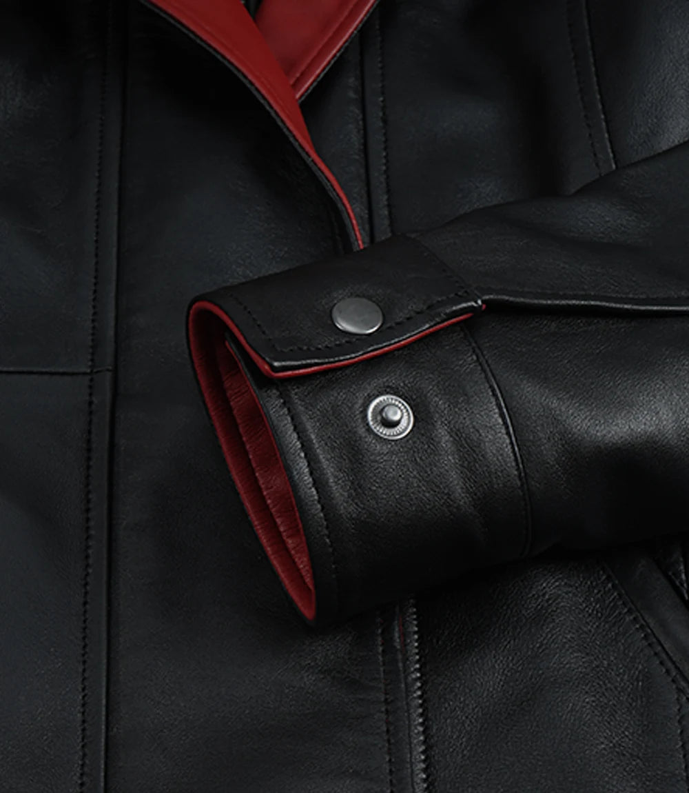 Women's Black Leather Jacket with Red Inner Lapel
