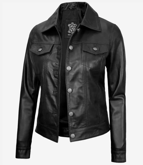 Women Black Trucker Leather Jacket