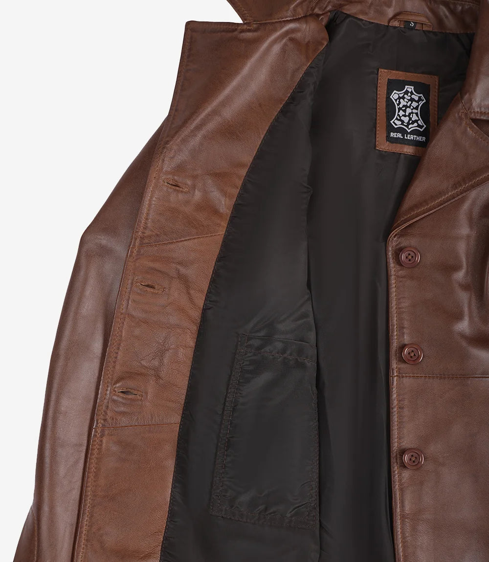 Women Cognac Brown Wax Three Button Leather Blazer