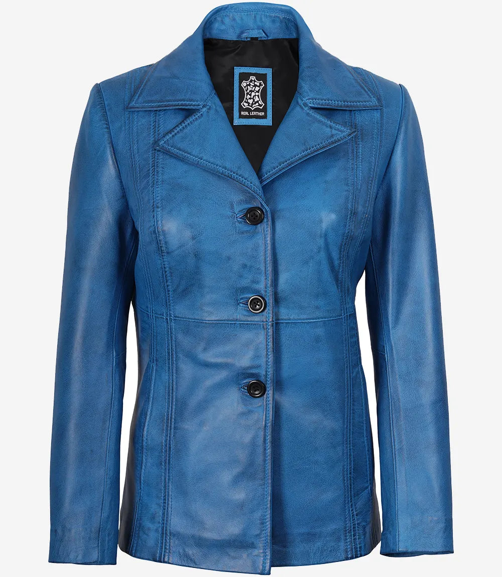 Women's Blue Leather 3/4 Length Car Coat — Waxed