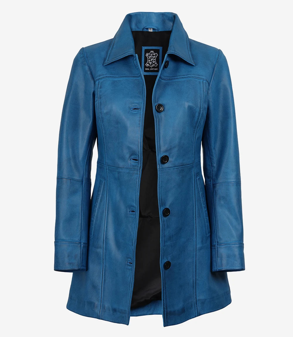 Womens 3/4 Length Blue Lambskin Leather Coat