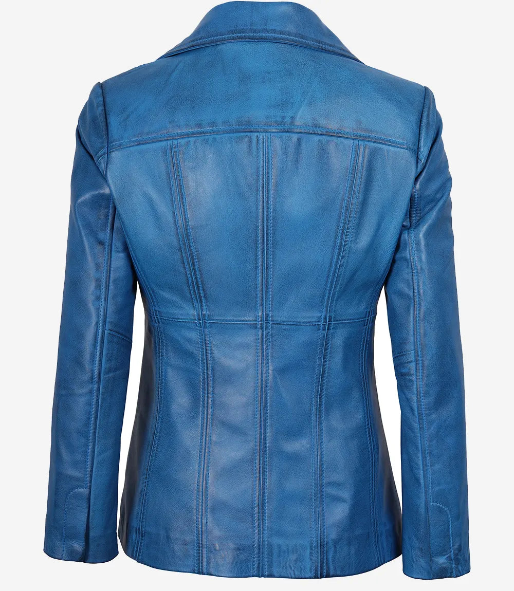 Women's Blue Leather 3/4 Length Car Coat — Waxed