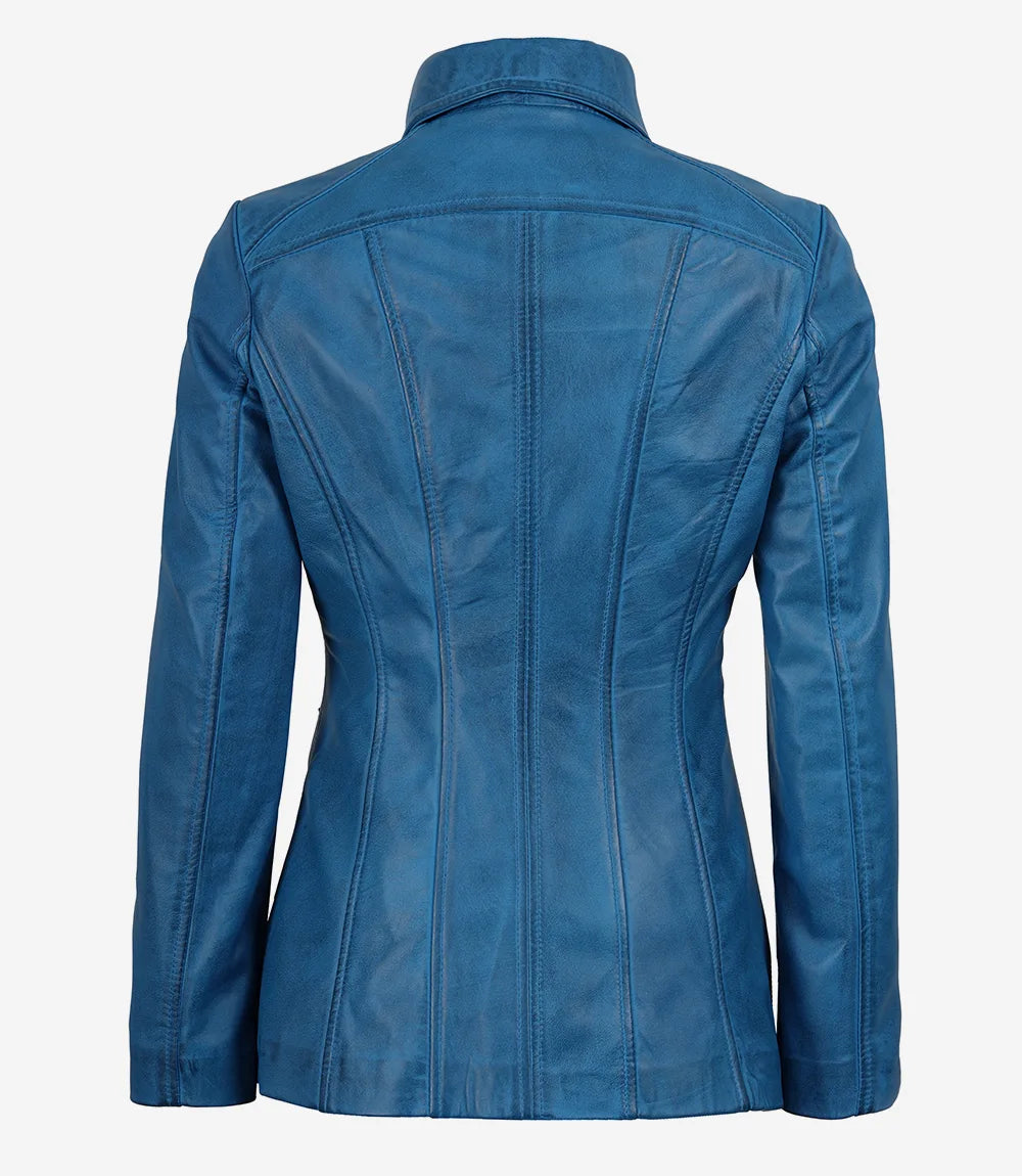 Women's Blue 3/4 Length Real Lambskin Leather Car Coat