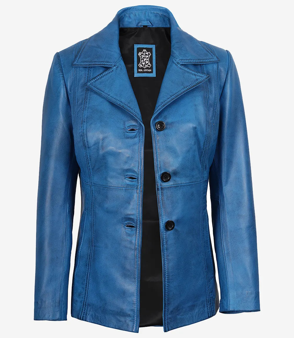 Women's Blue Leather 3/4 Length Car Coat — Waxed