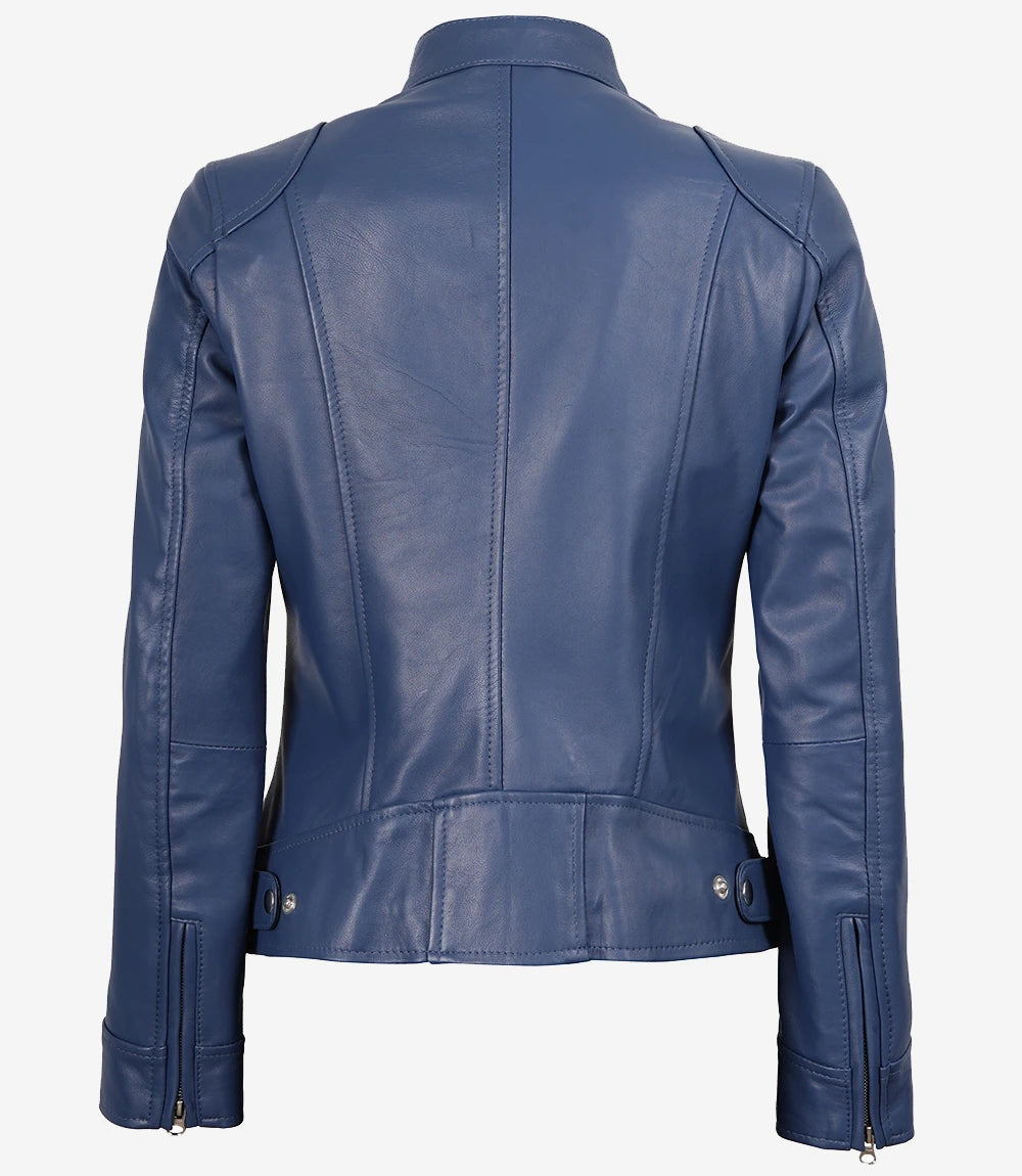 Women's Blue Cafe Racer Leather Jacket