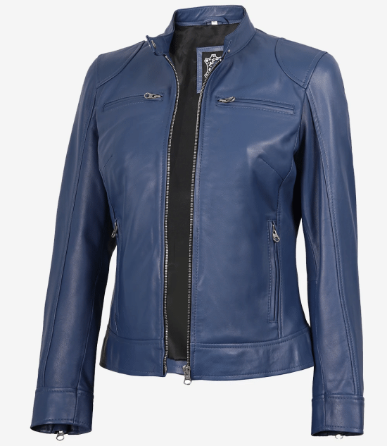 Women's Blue Cafe Racer Leather Jacket