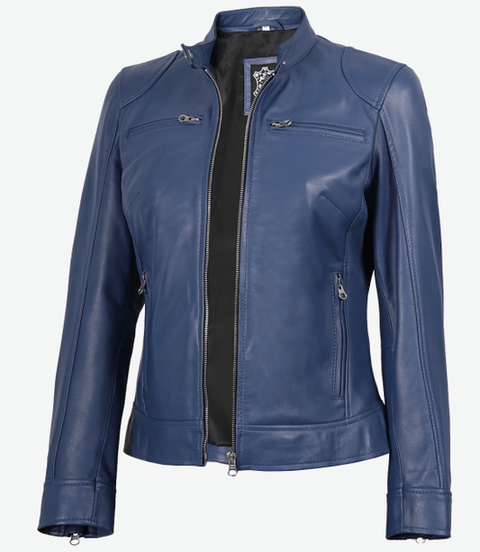 Women's Blue Cafe Racer Leather Jacket
