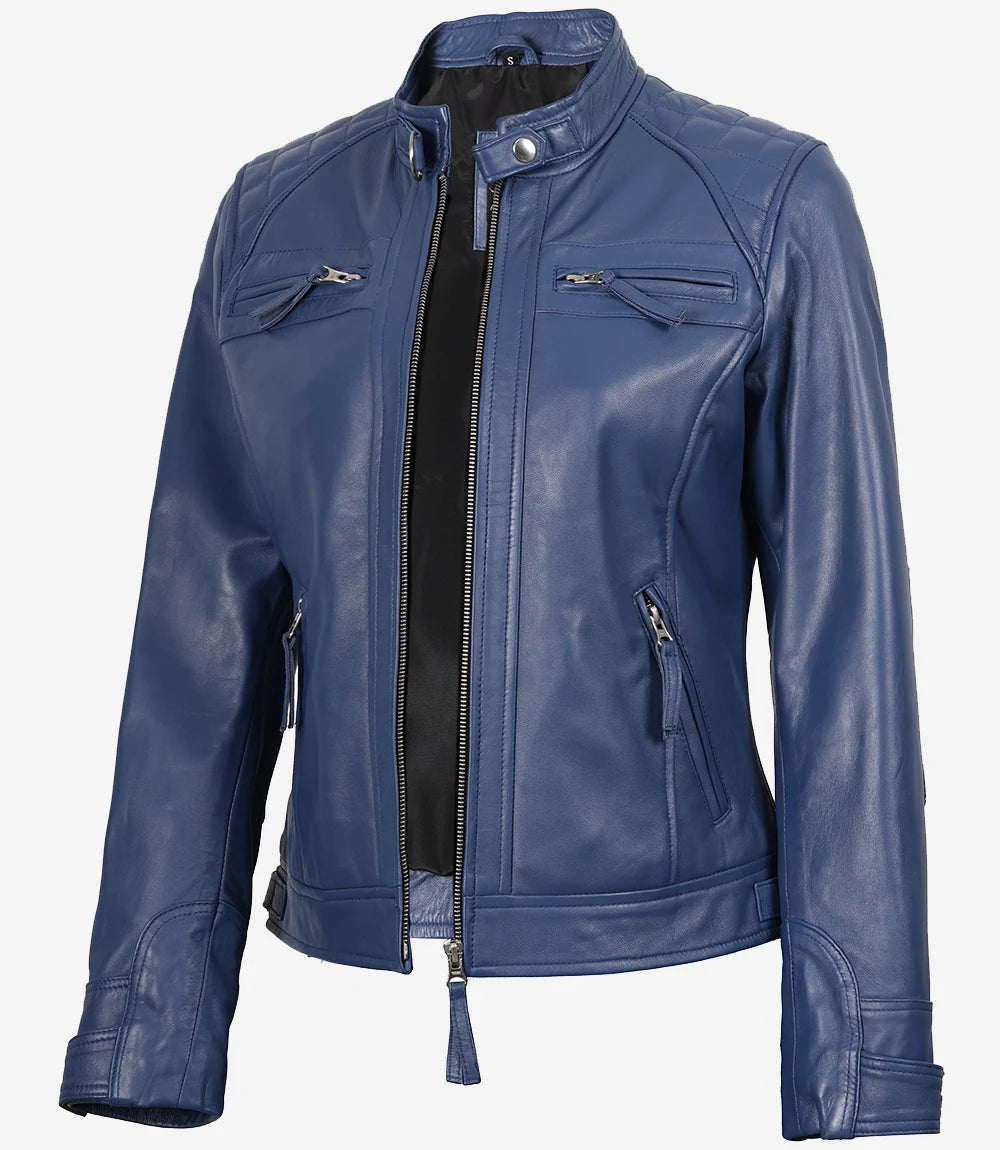 Women Blue Diamond Cafe Racer Real Leather Jacket