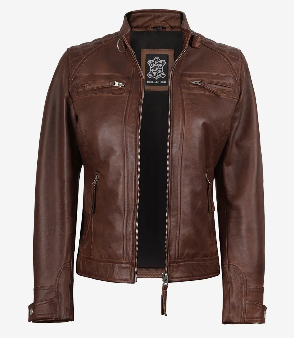 Women Cognac Quilted Cafe Racer Leather Jacket