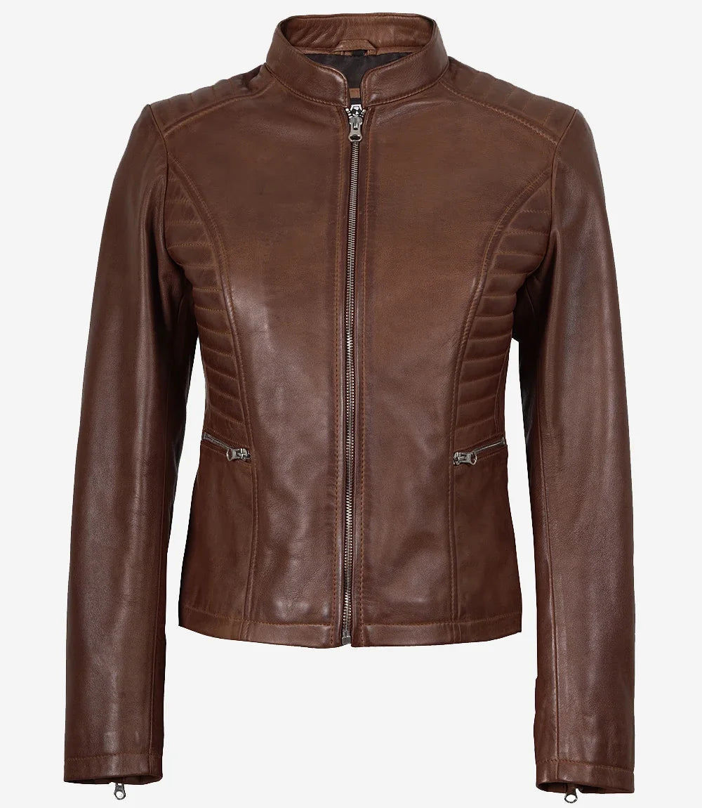 Women's Cafe Racer Cognac Brown Leather Jacket