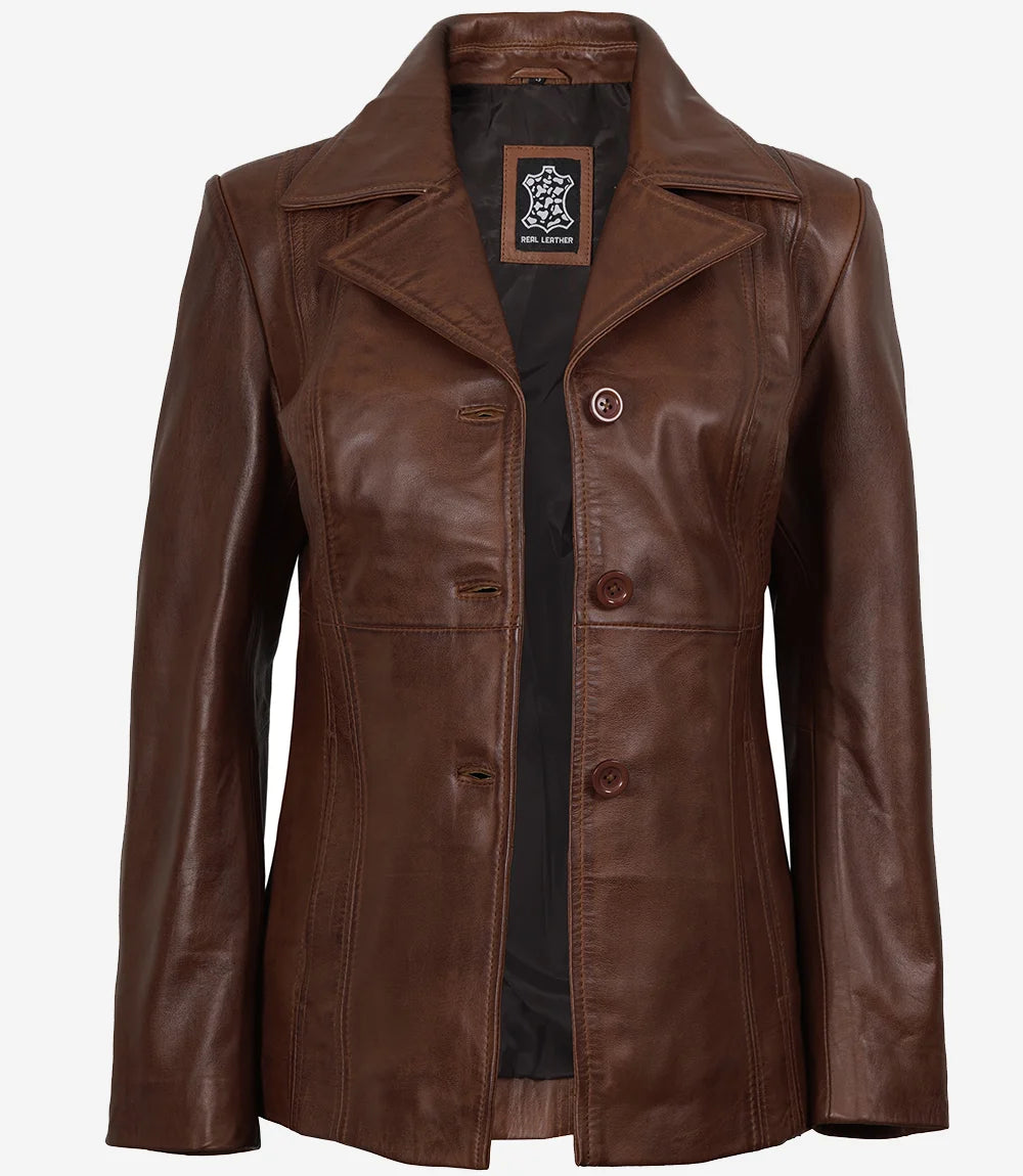 Women Cognac Brown Wax Three Button Leather Blazer