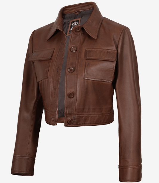 Women’s Cognac Brown Cropped Shirt Collar Leather Jacket