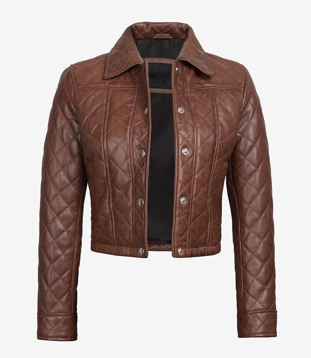Women's Cognac Brown Quilted Cropped Leather Jacket