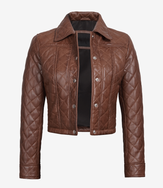 Women's Cognac Brown Quilted Cropped Leather Jacket