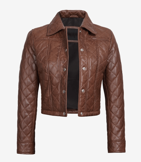 Women's Cognac Brown Quilted Cropped Leather Jacket