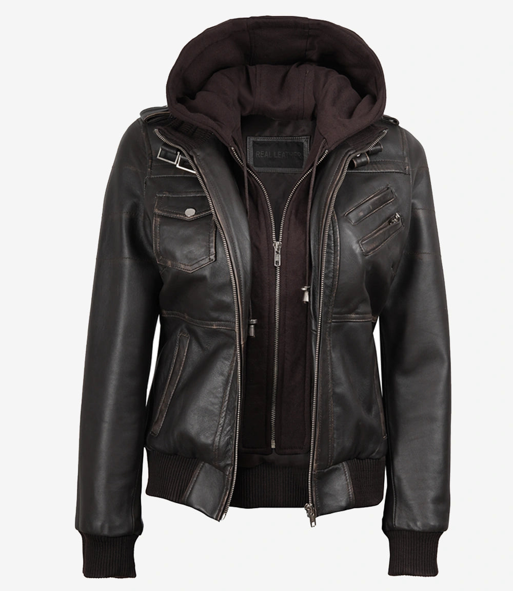 Women's Dark Brown Rub Off Leather Jacket with Removable Hood