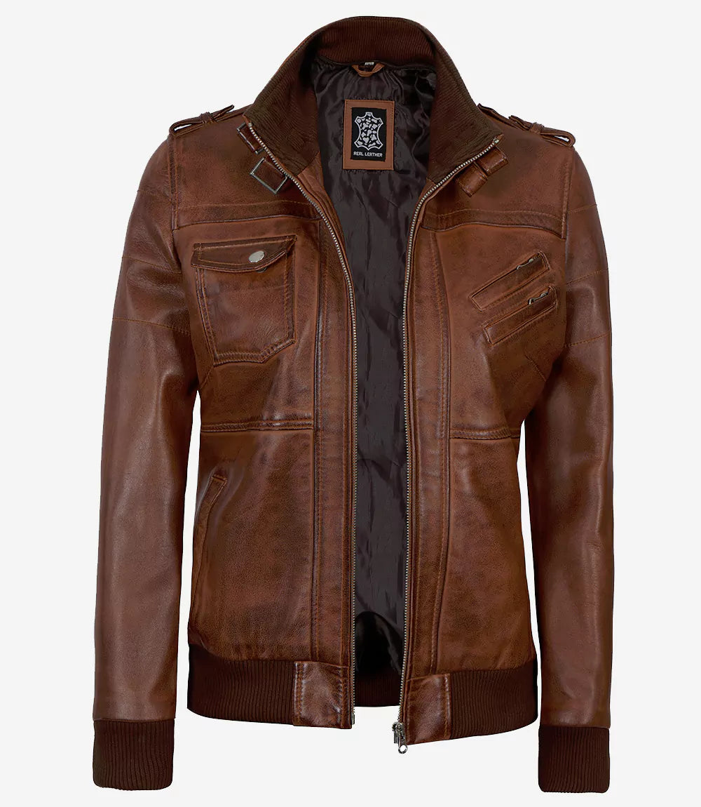 Women's Bomber Cognac Brown Leather Jacket with Removable Hood