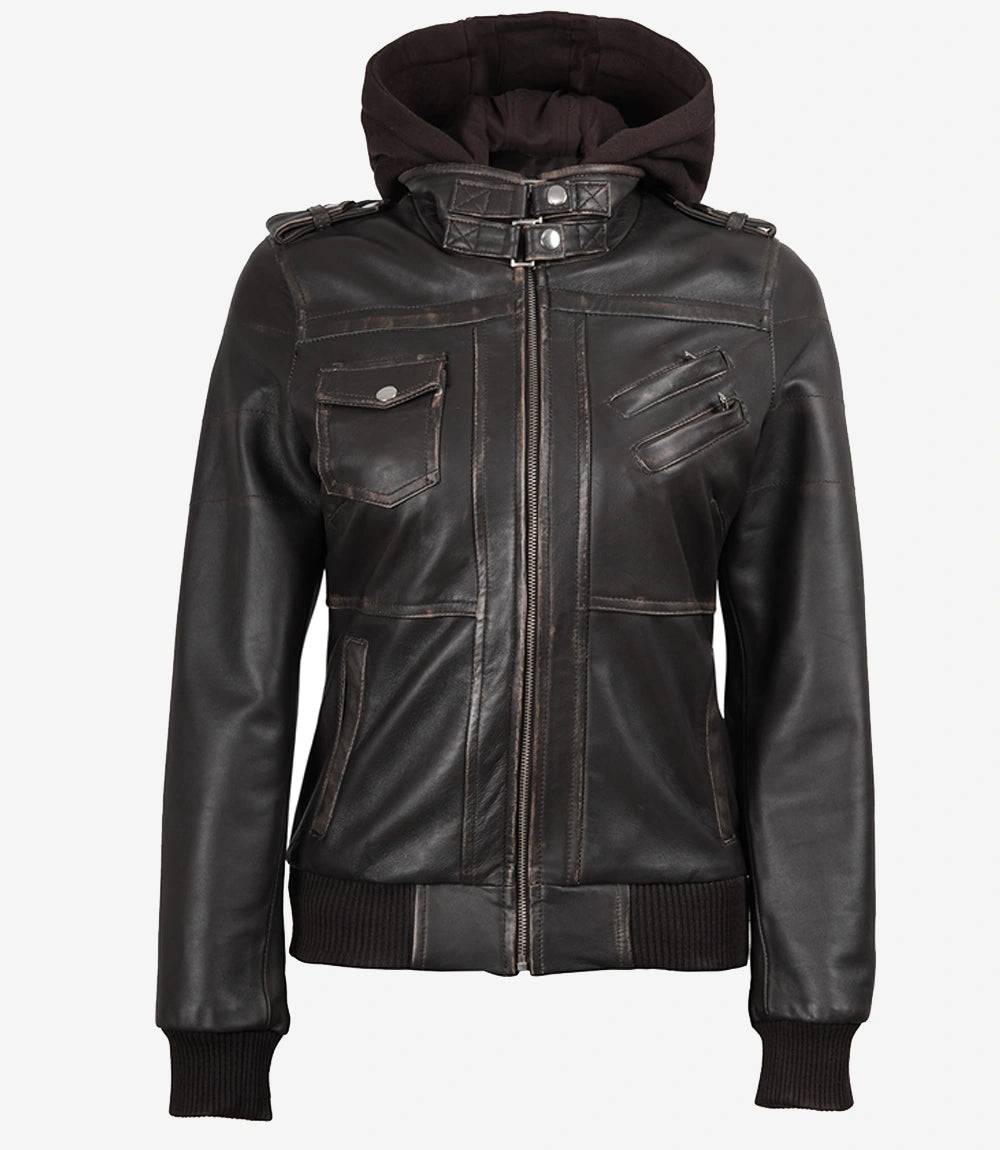 Women's Dark Brown Rub Off Leather Jacket with Removable Hood