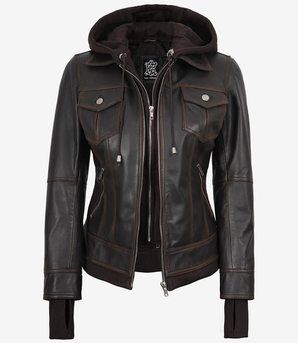 Dark Brown Womens Leather Jacket With Hood