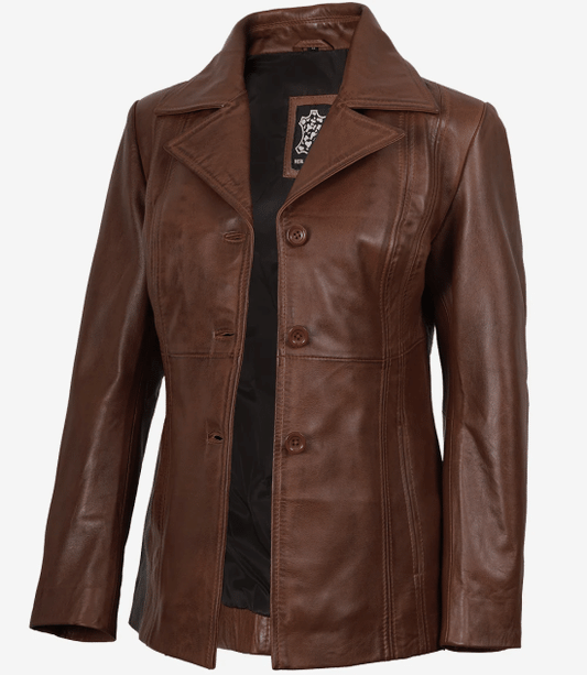 Women Cognac Brown Wax Three Button Leather Blazer