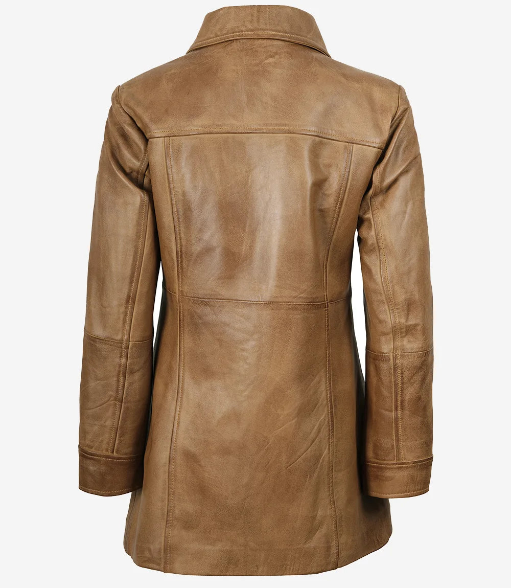 Women's Camel Brown Real Leather Car Coat