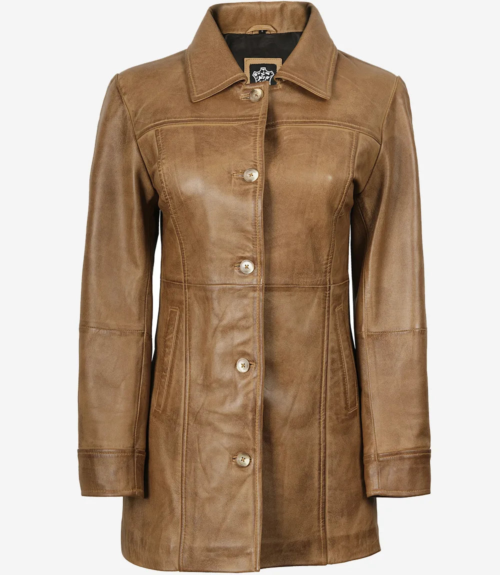 Women's Camel Brown Real Leather Car Coat