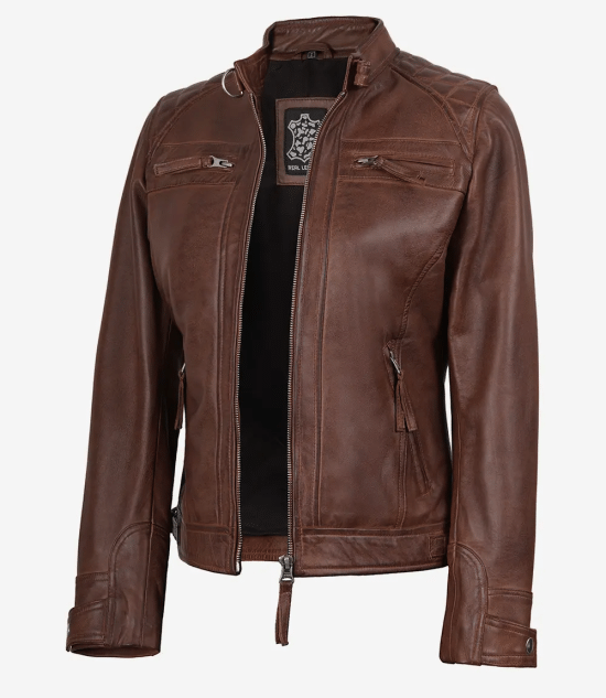 Women Cognac Quilted Cafe Racer Leather Jacket