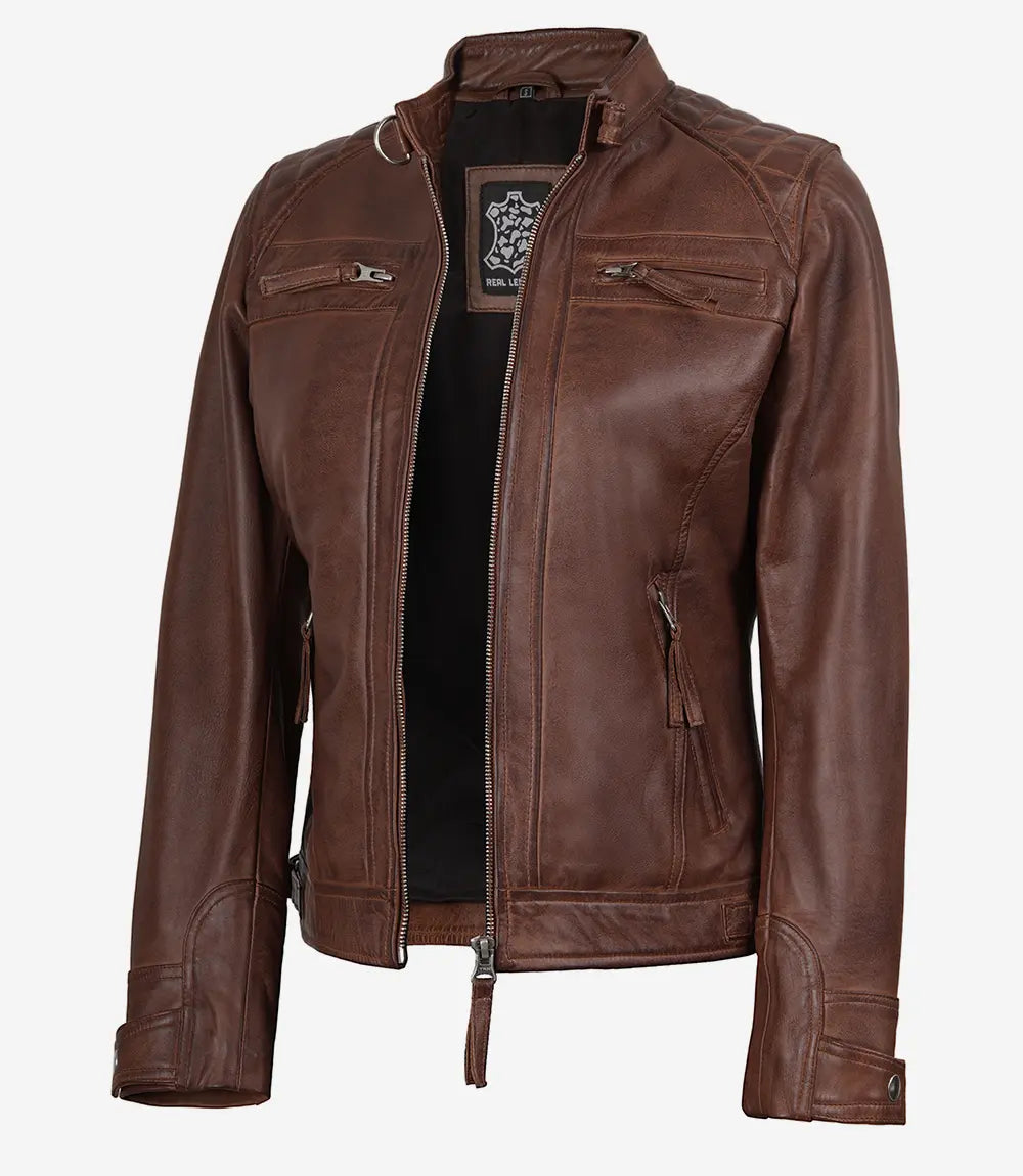 Women Cognac Quilted Cafe Racer Leather Jacket