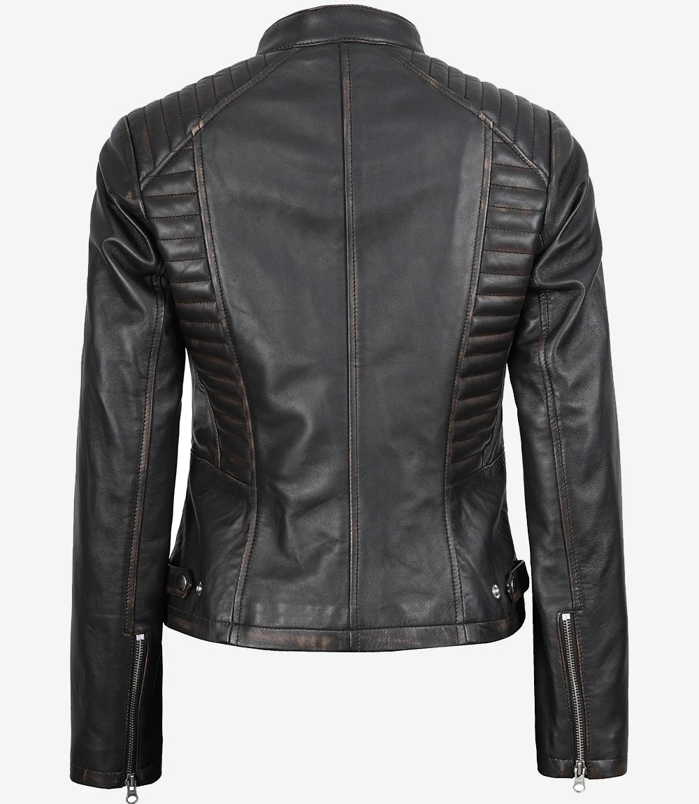Arya Women's Dark Brown Rub-off Cafe Racer Leather Jacket