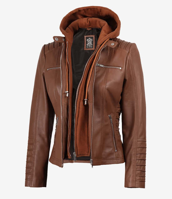 Women's Cognac Brown Leather Jacket With Removable Hood