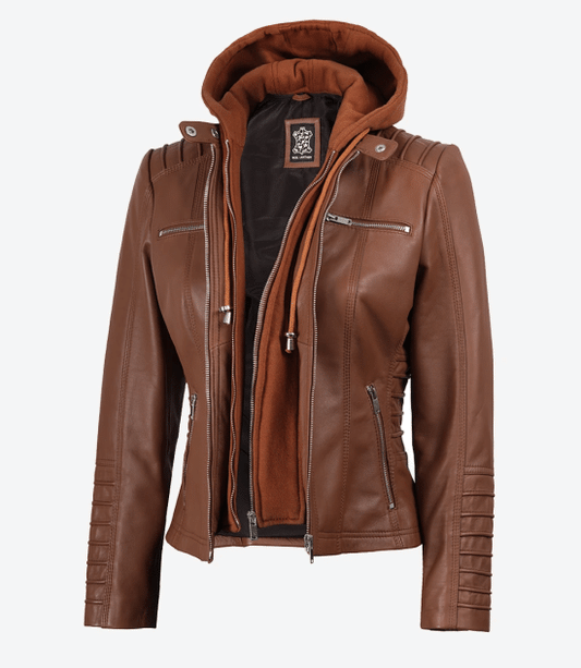 Women's Cognac Brown Leather Jacket With Removable Hood
