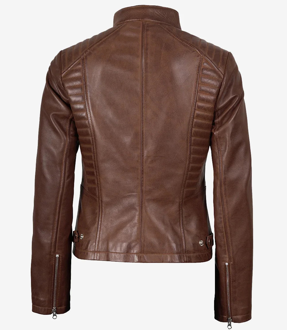 Women's Cafe Racer Cognac Brown Leather Jacket