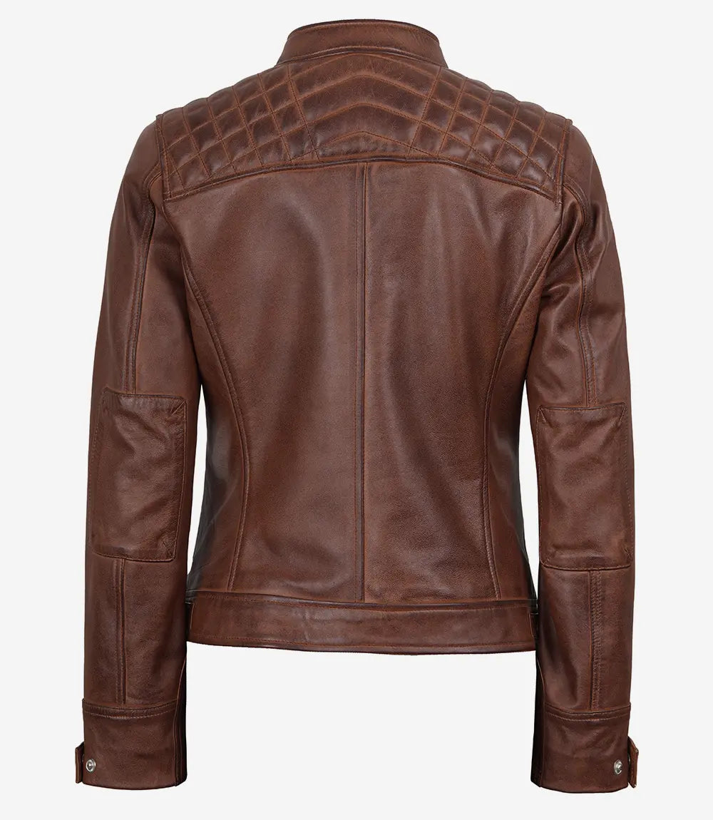 Women Cognac Quilted Cafe Racer Leather Jacket